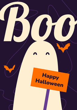 Boo Happy Halloween Poster with Cute Ghost and Flying Bats