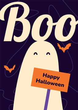 Cute Halloween Ghost Seamless Pattern with Orange Bats and Purple Background