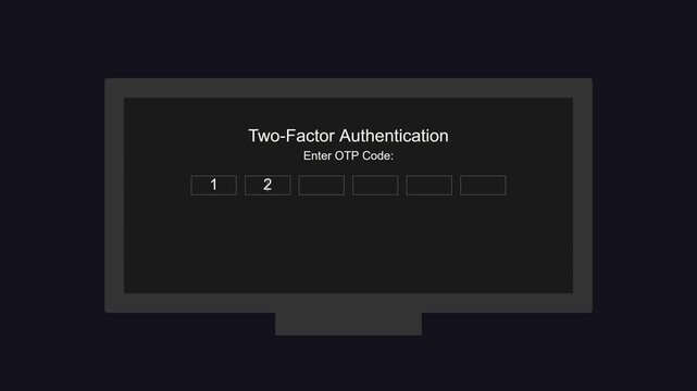 Animation of user login and two factor authentication with OTP verification and access granted on computer monitor screen
