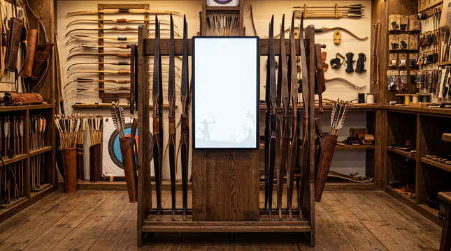 Traditional Archery Bows Standing On Rack In Modern Retail Shop
