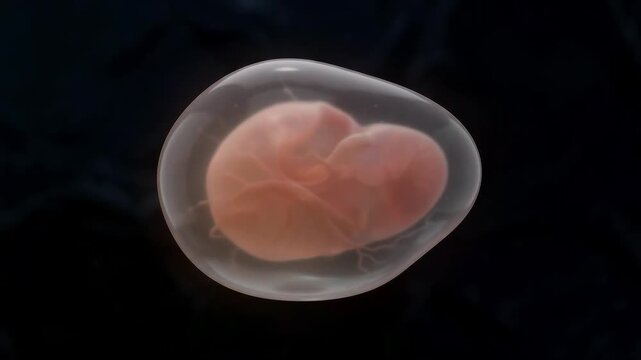 A detailed medical visualization of a human embryo developing inside the protective amniotic sac.