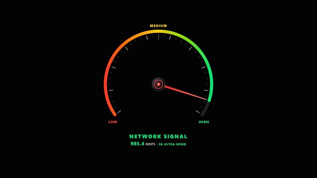 Digital network signal meter showing high speed internet bandwidth. 4K Video