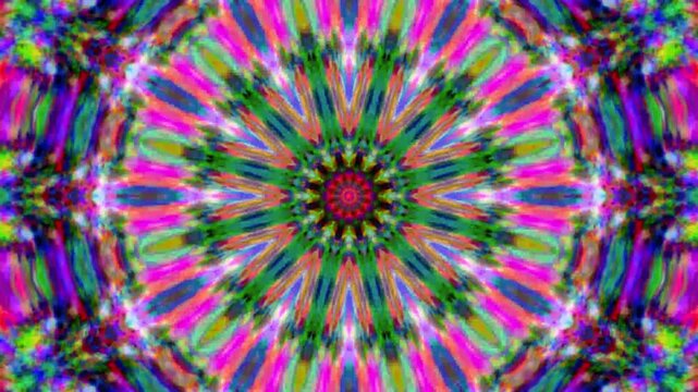 Dynamic psychedelic kaleidoscope patterns feature traditional ethnic abstract art and vivid colors, creating a striking backdrop for festival visuals.