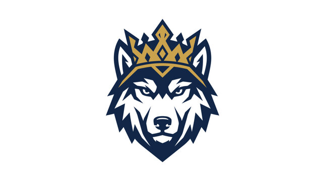 Wolf head mascot logo wearing a golden crown on white background