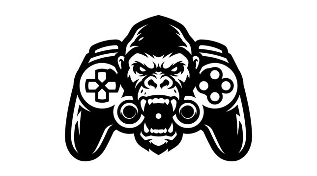 Angry gorilla mascot head integrated into gaming controller logo