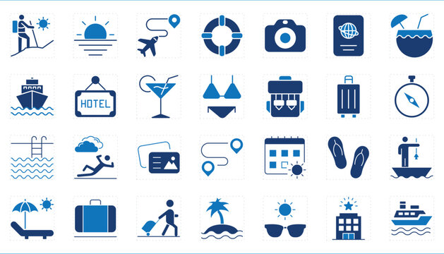 A set of icons related to Holiday. Cruise, compass, postcard, bikini, suitcase, hiking, coconut, beach, and so on.