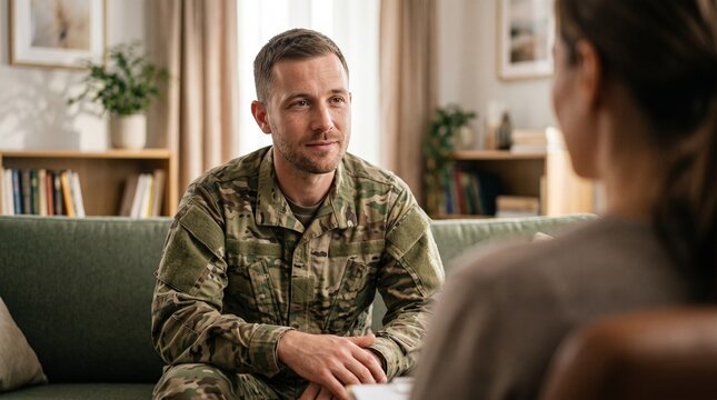 Caucasian Male Veteran Sitting On Sofa Discussing Combat Trauma