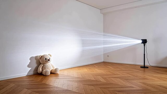 Minimalist room with plush toy bear and black floor lamp on wooden floor