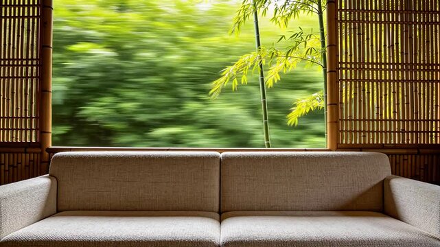 Grey fabric sofa with bamboo fence and green forest background