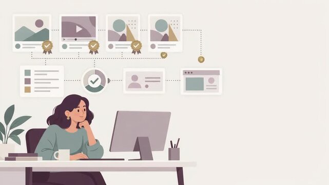 Woman working at computer with digital workflow graphic animation