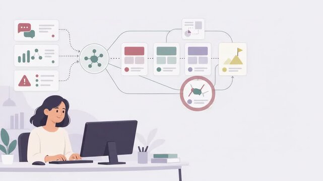 Woman working at a computer with animated data flowchart and workflow roadmap graphic overhead