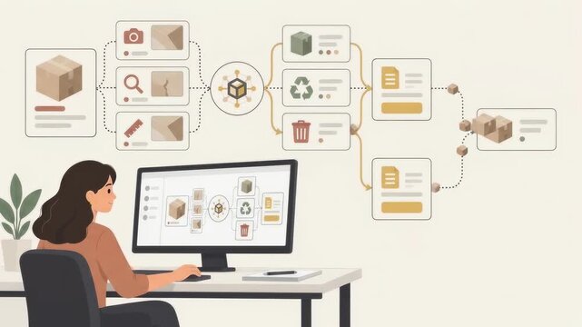 Woman working at a computer with an automated logistics and package sorting flowchart illustration animation