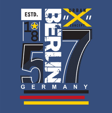 Modern geometric layout with Berlin Germany ESTD 1857 and large number elements on blue background. German urban identity concept