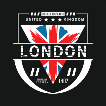 Circular emblem with London United Kingdom 1802 and Union Jack inspired graphic elements. British urban heritage concept