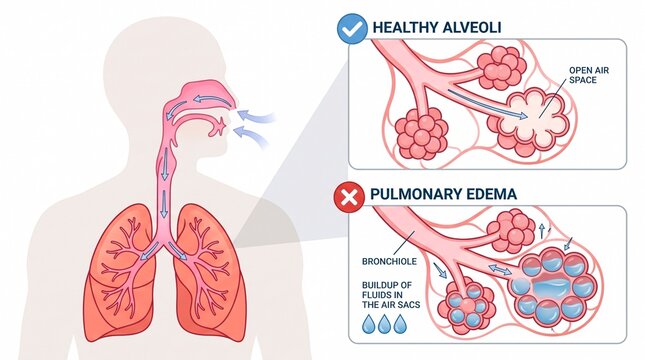 Medical diagram comparing healthy lung alveoli with pulmonary edema