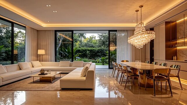 Luxury modern interior with white sofa and garden view