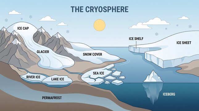 Cryosphere educational infographic showing various types of ice and snow