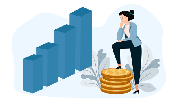 Thoughtful businesswoman standing on gold coins stack looking at rising bar chart, investment planning, financial decision and wealth management concept, flat vector illustration.