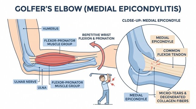 Anatomical diagram showing golfers elbow and medial epicondylitis