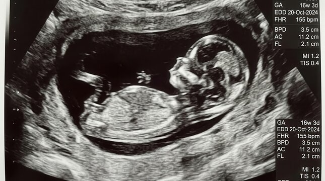 Ultrasound of a 16-week-old fetus, showing profile and body details. Medical imaging, pregnancy, and new life.