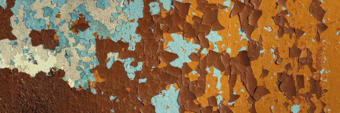 Peeling paint on the wall. Panorama of a concrete wall with old cracked flaking paint. Weathered rough painted surface with patterns of cracks and peeling. Wide panoramic texture for design background