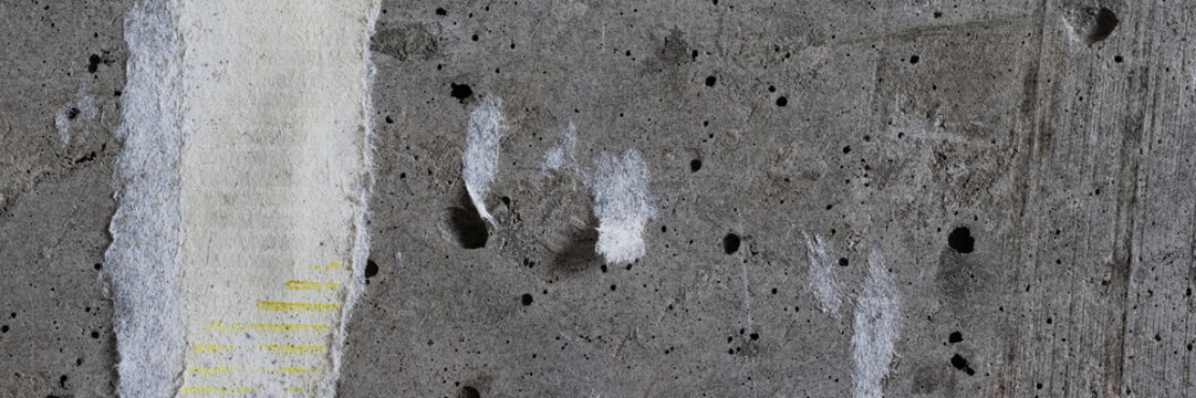 Torn old faded paper wallpaper on a concrete wall. Ragged scraps of white paper on a gray background. Vintage texture for background and design. Closeup view with copy space for text.