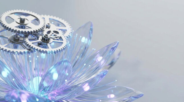 Mechanical gear flower with AI and agi creating elegant futuristic technology concept