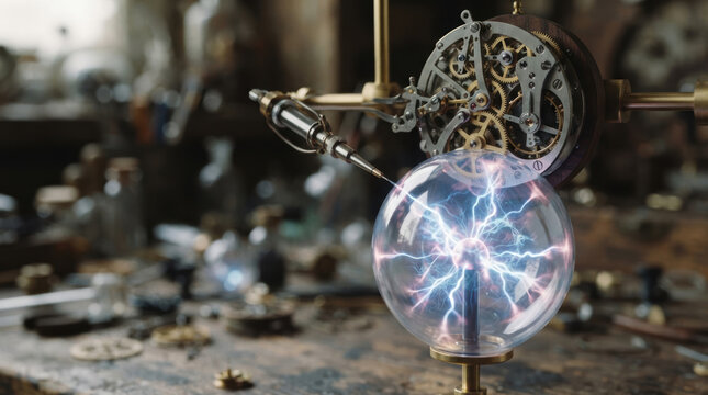 Mechanical clockwork with electric plasma globe in workshop