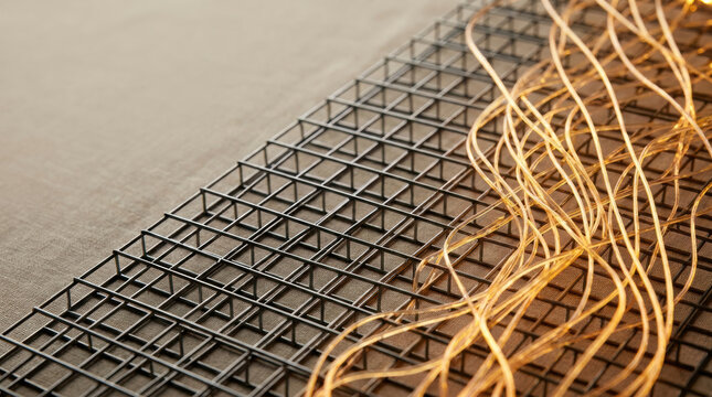 AI agi wire mesh and copper wire create technical industrial texture with geometric pattern and tangled detail