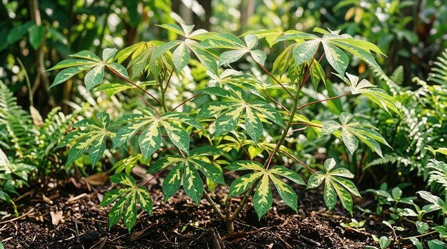 Variegated Cassava Plant (Manihot esculenta) with Unique Leaf Patterns in Tropical Garden Setting