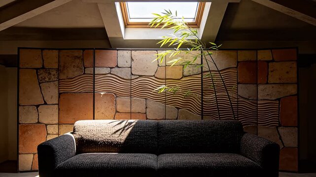 Dark sofa in front of textured stone wall with bamboo plant