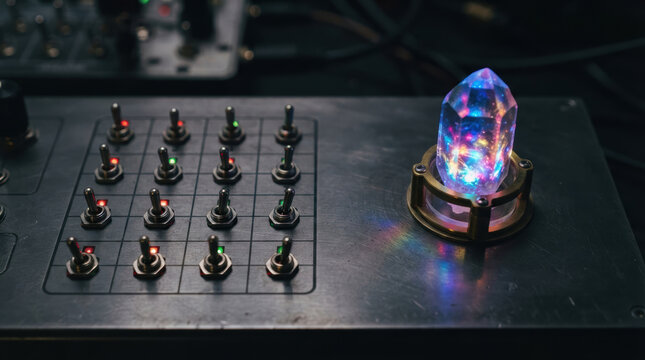 AI and agi control panel with glowing crystal interface creating colorful futuristic light
