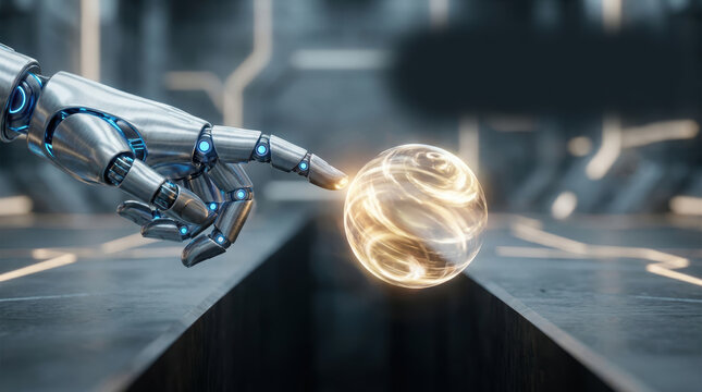 Robotic hand reaching toward glowing sphere in industrial setting with AI and agi suggesting futuristic technological innovation