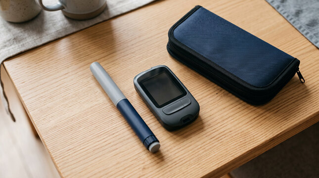 Medication pen and glucose meter show home diabetes care