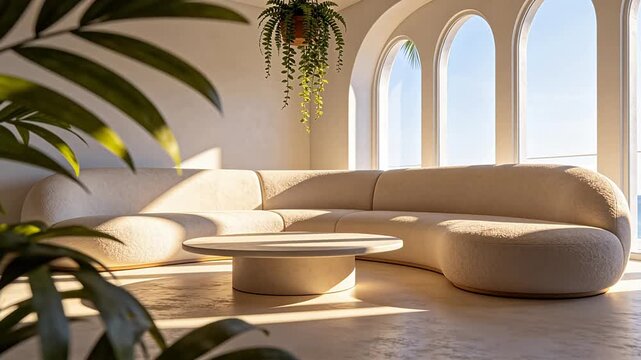 Modern bright interior space with curved sofa and hanging plants