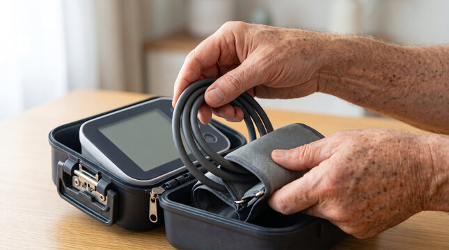 Senior man stores his blood pressure monitor for the next home check