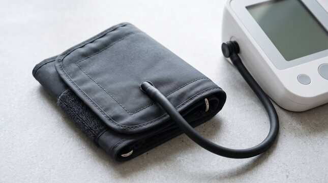 Upper arm cuff detail shows the tools of home pressure monitoring