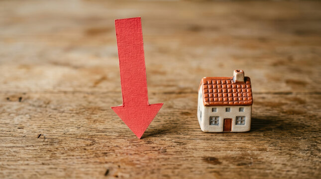 Affordable housing challenge concept with red downward arrow and small house on rustic wooden surface conveying falling property value