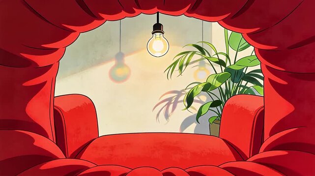Cartoon style interior with red curtains armchair and hanging lights