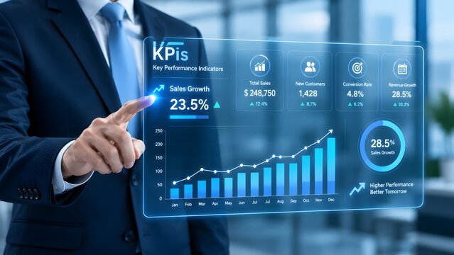 Business professional interacting with a futuristic data visualization interface analyzing key performance indicators and driving strategic decision making in a modern office