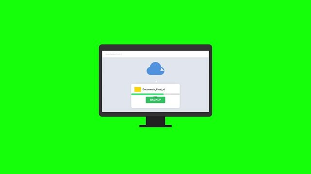 Cloud storage file upload animation on green screen background chroma key computer monitor.