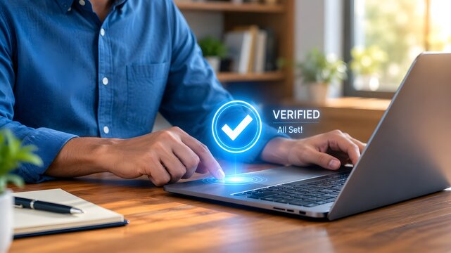 Secure online transactions a person verifies payment details on a laptop with a credit card and verification symbol