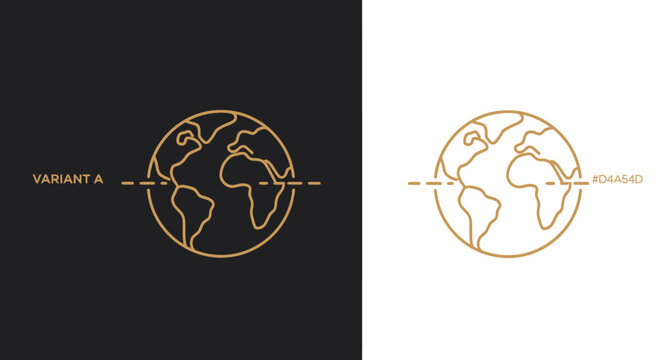 Gold line globe logo design featuring world map circular emblem for branding and marketing purposes.