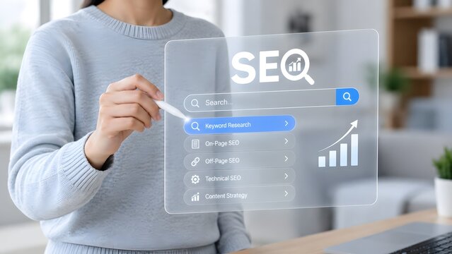 Strategic seo implementation a woman analyzing data and optimizing website rankings for enhanced online visibility and improved search results