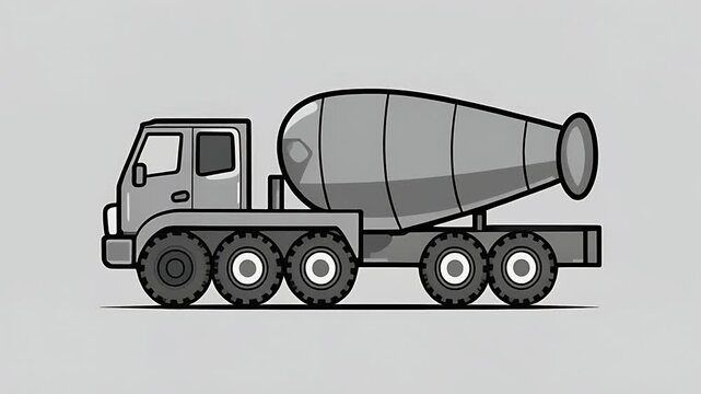2D animated cartoon of a concrete mixer truck with a rotating drum against a neutral gray background