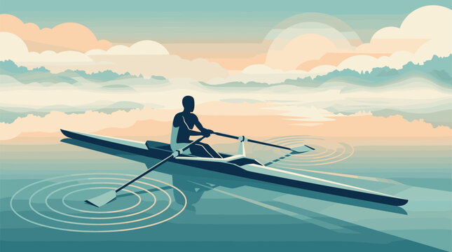 Rowing Single Scull Boat on Calm Water Surface at Peaceful Sunrise