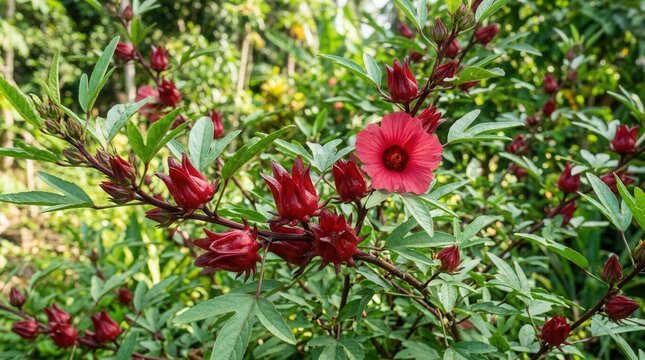 Vibrant Red Roselle Hibiscus Flowers and Calyces on a Lush Green Bush in Natural Sunlight
