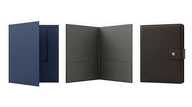 Professional blue and black pocket folders with leather portfolio isolated.