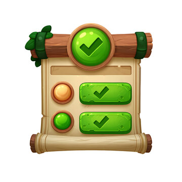 Wooden scroll with green check marks and buttons.