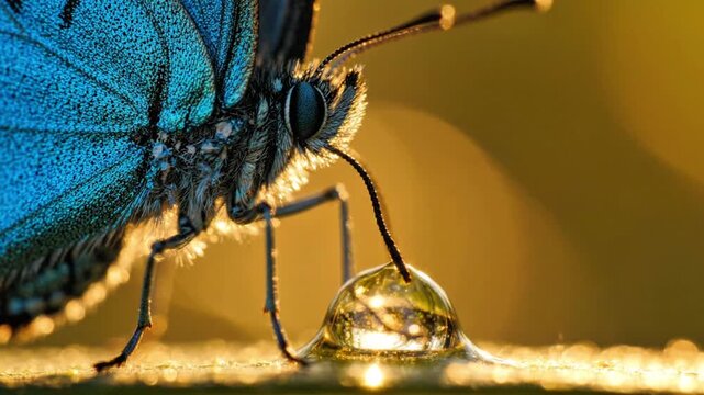 Macro Close Up of a Vibrant Blue Butterfly Drinking a Dew Drop on a Sunny Morning